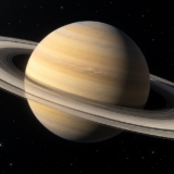土星の周囲に広がる薄い輪と、黄金色の惑星本体