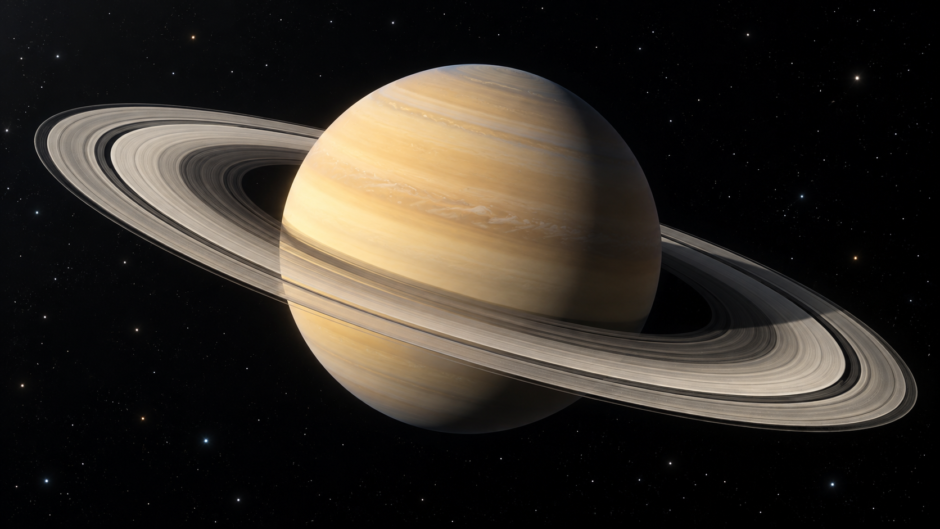 土星の周囲に広がる薄い輪と、黄金色の惑星本体