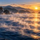 朝日に照らされた湾の水面から、けあらしが白く立ち上る風景
