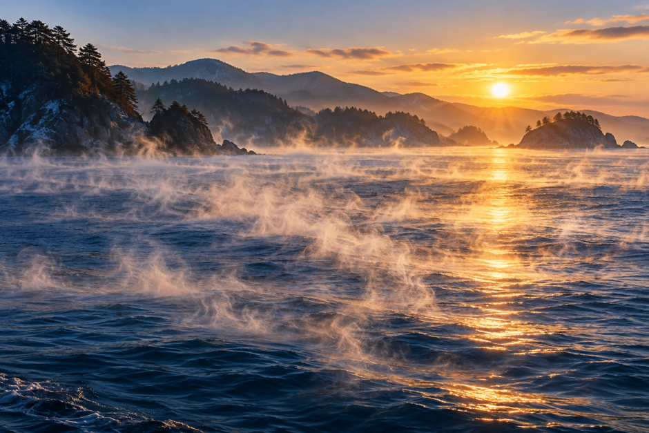 朝日に照らされた湾の水面から、けあらしが白く立ち上る風景