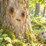 木の節や樹皮の割れ目、石の模様が顔のように見えるシミュラクラ現象のイメージ