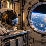 地球が見える船内の窓のそばに置かれた宇宙服のヘルメットと手袋