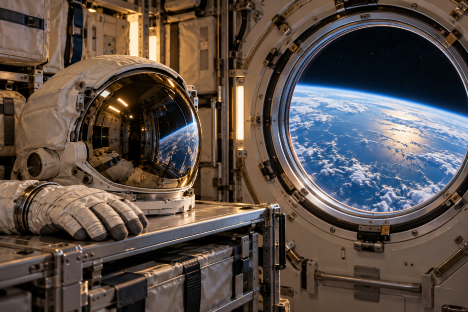 地球が見える船内の窓のそばに置かれた宇宙服のヘルメットと手袋
