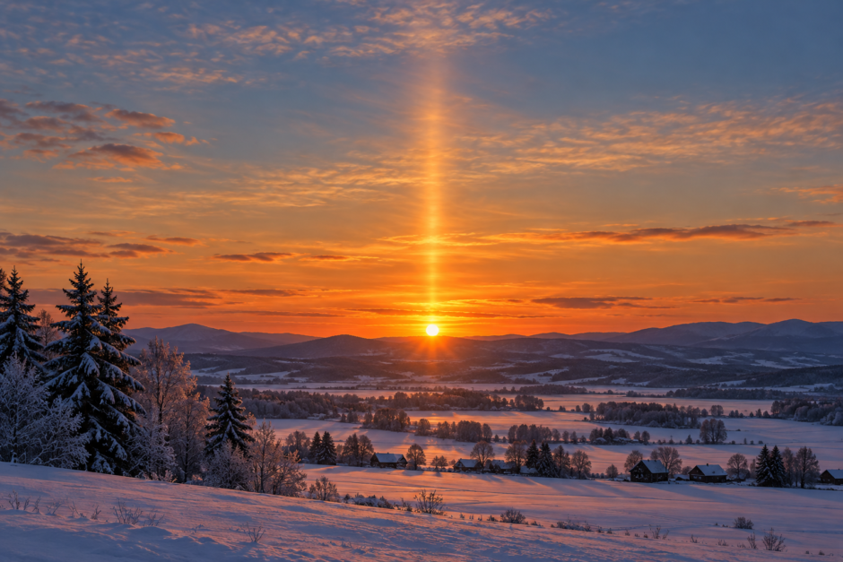 雪景色の夕空で、低い太陽の上に伸びるサンピラーのイメージ