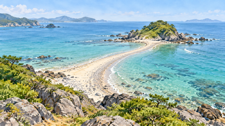 干潮時に海岸と小島をつなぐ砂と小石のトンボロ