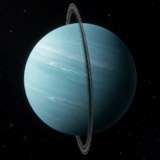 淡い青緑色の天王星と、細く暗い輪を描いた宇宙の景色